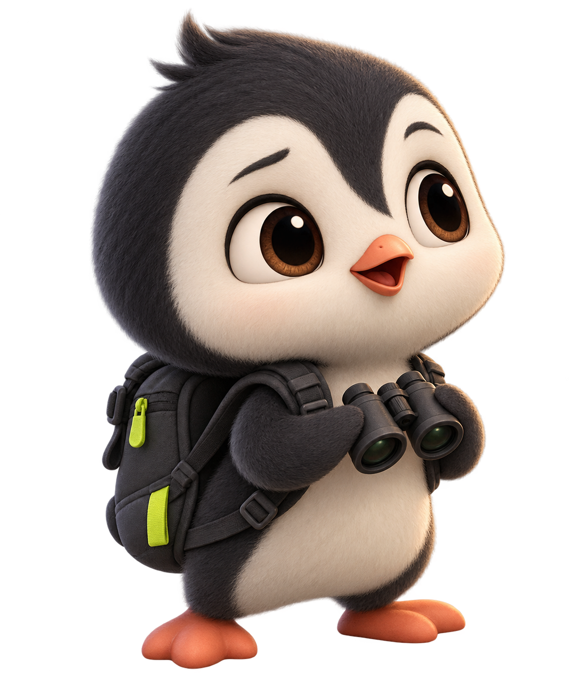 Pip, a cheerful penguin traveler with a backpack and binoculars